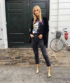 Ankle Boots Outfit Ideas, Ankle Boots Outfit, Boots Outfit Ideas, Gold Shoe, Outfit Boots, Pernille Teisbaek