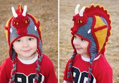 two pictures of a little boy wearing a crocheted hat with horns on it