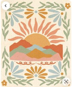 an image of a tile with mountains and flowers on it's border, in the middle