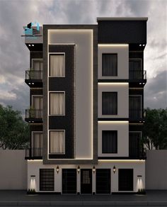 an artist's rendering of a building with lights on the side and balconies