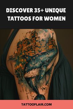 the back of a woman's head with tattoos on it and an image of a whale