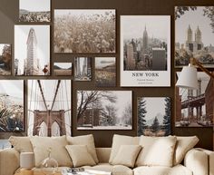 a living room filled with lots of pictures on the wall above a couch and coffee table