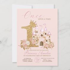 a pink and gold princess birthday party card with an image of a castle on it