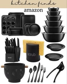 black kitchen items with text overlay that reads, the ultimate guide on how to set up your kitchen finds amazon