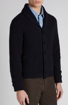 Supersoft Italian cashmere furthers the luxe look and feel of this handsome shawl-collar cardigan. 26 1/2" length (size 50 EU) Front button closure Shawl collar Long sleeves Ribbed cuffs and hem Front patch pockets 100% cashmere Dry clean Made in Italy Designer Clothing Classic Sweater With Shawl Collar For Work, Classic Shawl Collar Sweater For Work, Elegant Wool Cardigan With Shawl Collar, Luxury Merino Wool Cardigan For Work, Elegant Cashmere Sweater With Shawl Collar, Elegant Cashmere Cardigan With Shawl Collar, Wool Cardigan For Formal Winter Occasions, Elegant Wool Cardigan With Lapel Collar, Elegant Wool Sweater With Shawl Collar