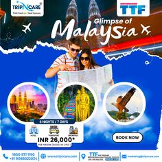 an advertisement for the trip to malaysia with two people holding a map and looking at it