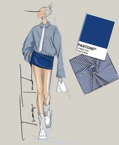 a drawing of a woman walking down the runway with her hand on her hip, and pantone's color swatches behind her