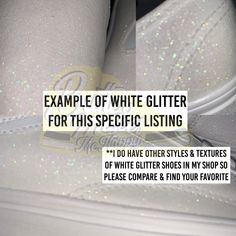 ABOUT: Whether their for walking down the aisle or down the street, these sparkly white glitter TOMS are comfortable for all occasions & can only be found at ButterMakesMeHappy. We've been offering flexible glitter shoes for nearly a decade & have perfected our design to a science! Each pair is hand painted using durable materials & water-resistant finishes, with a base that is so flexible, you’ll think it was the original fabric shimmering! Order now & see why we've been the #1 glitter shoe sho White Slip-on Party Sneakers, White Slip-on Sneakers For Party, Party White Sneakers With Glitter Accents, White Glitter Party Sneakers, Glitter White Converse, White Synthetic Sneakers With Glitter, White Glitter Lace-up Sneakers, White Leather Glitter Sneakers, White Low-top Sneakers With Glitter Print