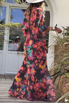 Multicolor Abstract Print V Neck Dolman High Waist Maxi Dress Chic Multicolor Maxi Dress For Vacation, Colorful Chic Maxi Dress For Spring, Casual Multicolor Long Sleeve Maxi Dress, Casual Colorful Patterned Maxi Dress, Colorful Chic Maxi Dress, Chic Colorful Maxi Dress For Spring, Casual Long Sleeve Multicolor Maxi Dress, Casual Summer Dresses With Batwing Sleeves, Casual Multicolor Print Maxi Dress For Brunch