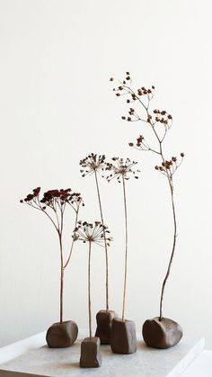 three small vases with flowers in them on top of a white countertop next to each other