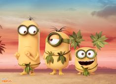 three cartoon characters standing next to each other in front of a sunset and palm tree