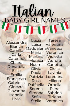 the italian baby girl names are displayed on a table with food and utensils