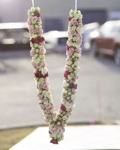 two white and pink flowers are hanging from a string in front of a parking lot