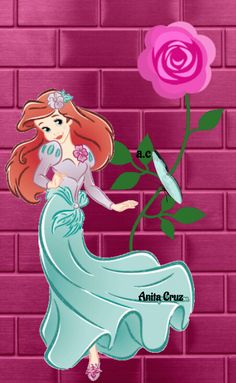 the little mermaid is holding a pink rose