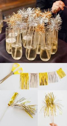 the process to make fireworks in wine glasses is shown with gold and silver streamers