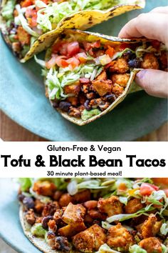 Tofu Tacos with Black Beans Vegan Taco Recipes, Healthy Tofu Tacos, Vegan Tofu Tacos, Burrito Ideas, Vegan Black Bean Tacos Recipes, Black Bean Tacos Vegetarian, Tofu And Black Bean Tacos, Black Bean Burritos Vegetarian, Tofu Burrito