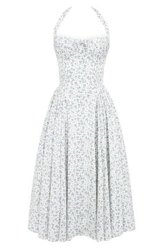 Fall for the retro-inspired silhouette of this halter dress designed with a pleated corseted bodice and a flared skirt. Exclusive retailer Halter neck Lined 65% cotton, 32% nylon, 3% elastane Dry clean Imported House Dress Aesthetic, Corset Dress Casual, Modern Genshin, Chloé Dress, Delicate Heels, Genshin Dr, Floral Skirt Outfits, Gown Sewing Pattern, Cottage Dress