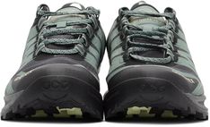 Low-top waterproof Gore-Tex® ripstop sneakers in black. Tonal and green bonded trim throughout. Logo printed in yellow at round toe. Swoosh in green at vamp. Reflective stripes in silver-tone at green and grey lace-up closure. Logo printed in yellow at padded tongue. Swoosh printed in yellow at outer side. Logo and text printed in green and black at inner side. Webbing pull-loop in green featuring reflective stripe in grey at heel tab. Logo printed in yellow and black at heel counter. Speckled r Nike For Men, Grey Lace, Nike Green, Yellow And Black, Green And Black, Nike Outfits, Gore Tex, Luxury Streetwear, Low Top