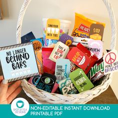 a basket filled with lots of different types of candy