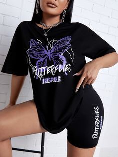 Black Casual Collar Half Sleeve  Letter,Butterfly  Embellished Medium Stretch Summer Women Clothing Label Aesthetic, Tee Shorts, Black And White Baby, Female Shorts, Fit Ideas, Sporty Outfits, T Shirt And Shorts, Retro Outfits, Two Piece Outfit