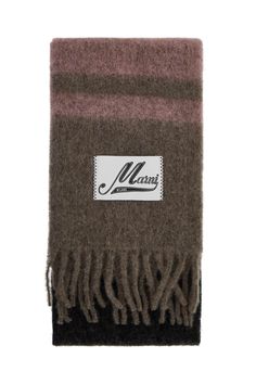 This Marni scarf is made of a blend of mohair and features striped patterns with fringes at the ends. It also includes a satin label with italicized logo lettering. Marni Mohair Scarf, Marni Mohair, Mohair Scarf, Striped Scarves, Leather Cap, Scarf Jewelry, Wool Scarf, Workout Accessories, Stripes Pattern