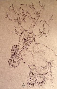 a pencil drawing of a deer with a lantern in its mouth and branches on it's head