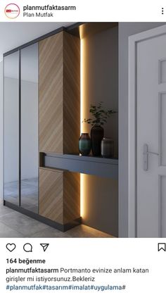 an image of a room that is decorated in wood and glass with lights on the wall