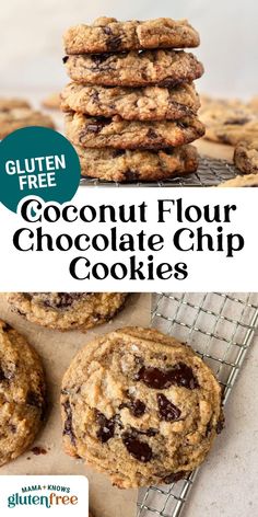 gluten free coconut flour chocolate chip cookies are stacked on top of each other