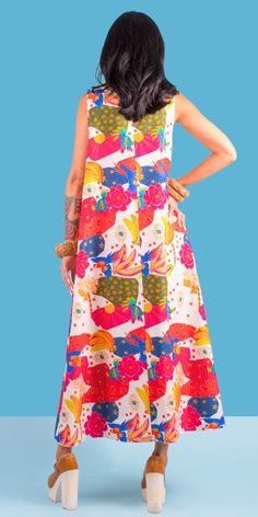 Scalloped V-Neck Sleeveless Maxi Dress. Features a Festive Tropical Design. 100% Cotton One Size Fits Most Made in Italy Model is 5'7 Tropical Dress, Tropical Design, Sleeveless Maxi Dress, White Dress, In Italy, Maxi Dress, Festival, V Neck, Italy