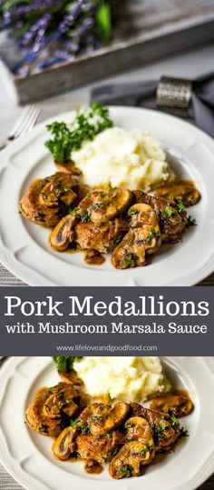 pork medallions with mushrooms and mashed potatoes on a white plate