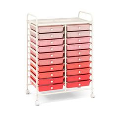 a white cart with pink and red drawers on it's sides, against a white background