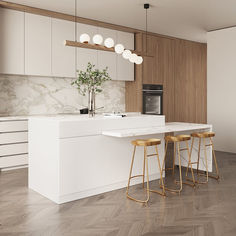 a kitchen with white counter tops and wooden stools next to an island in the middle