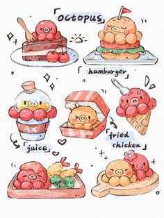 an illustrated drawing of different foods and desserts with words above them that read toctopus, hamburger, fried