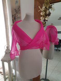 Bolero - fuchsia magenta pink silk organza stole, front bow, or wrap, 3/4 sleeves, shawl collar, one size. You can wear it with the bow at the front, or as a wrap with the bow at the back. Many colors possible. One size #laurinemasset_wedding #laurinemasset_accessory #laurinemasset_woman #laurinemasset_creations Elegant Fitted Pink Shrug, Silk Fitted Shawl For Parties, Fitted Silk Shawl For Party, Elegant Fitted Pink Shawl, Elegant Pink Shawl For Party, Elegant Pink Party Shawl, Spring Wedding Shawl In Pink, Pink Wedding Shawl For Spring, Elegant Pink Silk Shawl