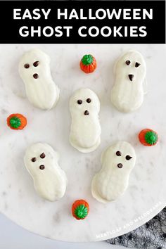 easy halloween ghost cookies on a white plate