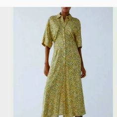 Size Xs, Brand New Yellow Long Sleeve Maxi Dress For Spring, Zara Yellow Floral Print Midi Dress, Zara Summer Shirt Dress, Zara Shirt Dress For Summer, Zara Fitted Yellow Midi Dress, Spring Maxi Length Shirt Dress, Yellow Long Sleeve Midi Dress With Floral Print, Yellow Floral Print Maxi Dress For Fall, Fall Floral Print Yellow Maxi Dress