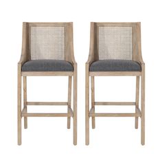 a pair of wooden chairs with grey upholstered back and seat cushions on white background