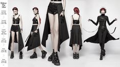 three models in black clothing with red hair and headphones on their heads, one wearing a skirt