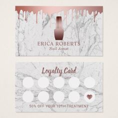 a business card with white marble and rose gold foil on the front, featuring chocolate drips