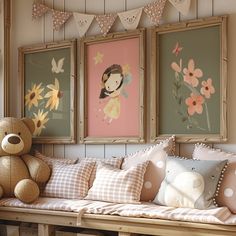 a teddy bear is sitting on a bench in front of three framed pictures and flowers