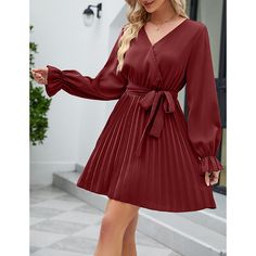 Burgundy V Neck Long Sleeve Pleated Mini Dress with Belt Fall V-neck Pleated Mini Dress, Fall Pleated V-neck Mini Dress, Pleated V-neck Mini Dress For Fall, Solid Pleated Mini Dress For Fall, Pleated Mini Dress For Fall, Solid Long Sleeve Pleated Mini Dress, Dress Elegant Casual, Mini Dress Elegant, Fashion Office