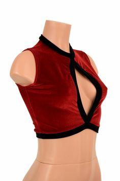 "This item is made to order, please read all the way through the listing before purchasing! This crop top is made from four way stretch lycra spandex in soft, super luscious red velvet fabric. Black velvet fabric accents around the middle opening, neckline, and hemline. It features a keyhole design in front, with a high back, and fits like a glove! TOP LENGTH: Underarm to hemline measures 8\" Womens Sizing (See below for instructions on where measurements should be taken) XXS: Bust 29\"-30\" / W Red Stretch Halter Neck Crop Top, Fitted Racerback Top For Club, Red Stretch Halter Top, Sleeveless Stretch Crop Top For Club, Fitted Vest Top For Club, Fitted Red Halter Top Sleeveless, Red Fitted Crop Top For Club, Fitted Red Crop Top For Club, Fitted Racerback Vest Top