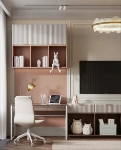 a white chair sitting in front of a tv on top of a wooden cabinet next to a desk