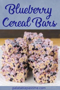 blueberry cereal bars stacked on top of each other with the title overlaying