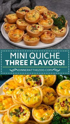 mini quiche three flavors on a plate with broccoli and other food items