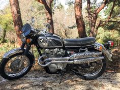 a motorcycle parked in the woods near some trees