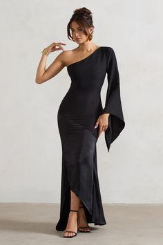 Salem Black Asymmetric Cape-Sleeve Maxi Dress With Satin Skirt – Club L London - USA Black Tie Wedding Guest Dress, Club L London, Black Dress Prom, Black Tie Gala, Asymmetric Neckline, Party Dress Long Sleeve, Cape Sleeves, Black Sequin Dress, Black Velvet Dress