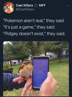 someone is holding up a phone with a bird on it's arm and the text pokemon aren't real, they said it's just a game they said