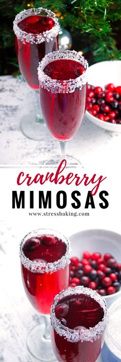 three glasses filled with cranberry mimosa sitting on top of a table