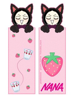 two bookmarks with cats and strawberries on them